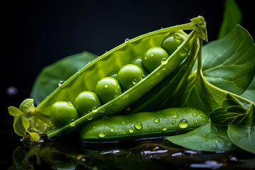 Generative AI illustration of fresh green raw peas in their pod - obrazy, fototapety, plakaty