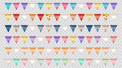 Collection of various 3d realistic party flags, bunting on transparent background. Set of multicolored  pennants, seamless triangle garland as a decoration for birthday celebration, festival, carnival