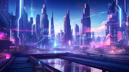 Futuristic city at night. Panoramic view of modern city at night