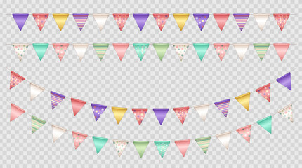 Set of 4 colorful buntings or party flags on string. Multicolored repeating hanging triangle carnival garlands on transparent background.  Realistic various pennants for festival, fair, birthday - obrazy, fototapety, plakaty