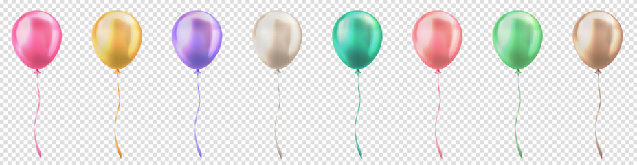 Set of 3d realistic glossy pastel colorful balloons on transparent background. Various multicolored three dimensional helium balloons with ribbons for birthday, anniversary, party, wedding © Qeeraw
