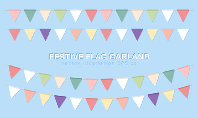 Set of 4 flat colorful buntings or party flags on string. Multicolored repeating hanging triangle carnival garlands isolated on blue background. Cute various pennants for festival, fair, birthday