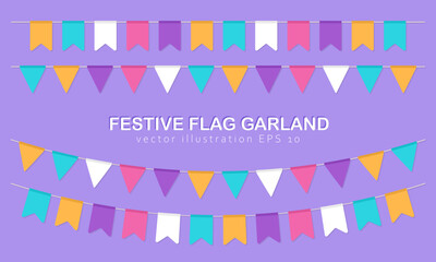 Set of 4 flat colorful buntings or party flags on string. Multicolored repeating hanging carnival garlands isolated on purple background. Cute various pennants for festival, fair, birthday