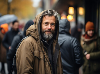 A happy bearded man wearing a dark beige jacket with a hood pulled over his head smiles and looking to camera in a downtown setting. Portrait of a man on a busy street in cold season. - obrazy, fototapety, plakaty