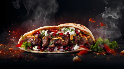grilled beef turkish or chicken arabic shawarma doner sandwich with ingredients and spices hot ready to serve and eat food commercial menu banner with copy space area - Generated by Generative AI - obrazy, fototapety, plakaty