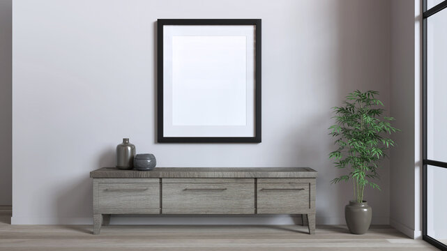 cadre vierge avec bordures noires pos&eacute; sur un meuble en bois - mockup