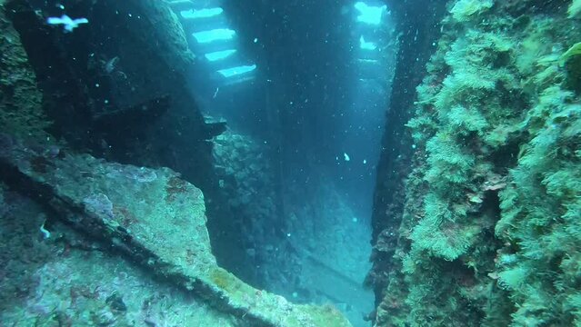 Steamship wreck Teti, lying on the sandy bottom from 1930 near Vis island, Adriatic sea, Croatia