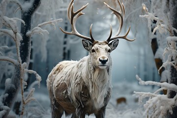 Majestic male deer with big antlers in snowy forest.
