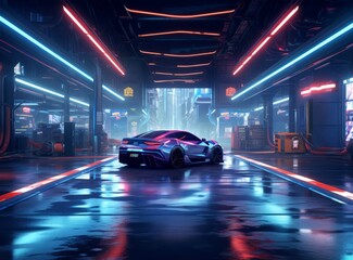 Futuristic sports car in a neon-lit garage with a city skyline in the background. - obrazy, fototapety, plakaty