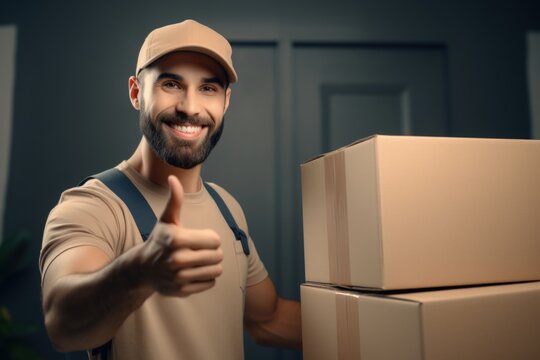 Parcel delivery man with cardboard box, giving thumbs up, logistics concept. Generative AI
