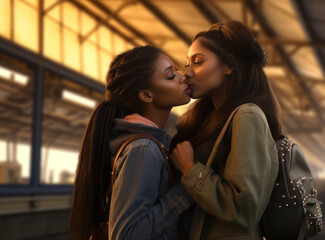 Lgbt pair moments before parting at the station. Two african american young lesbians women kiss tenderly - homosexual couple lifestyle. Concept about homosexuality.