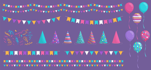 Set of flat cartoon party celebration elements cut out - colorful party hats, carnival pennants or buntings, glossy balloons and multicolored streamers or ribbon serpentine clipart