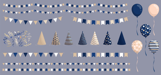 Set of festive decorations stickers - flat cartoon balloons, party hats, streamers and colorful buntings. Blue and beige carnival pennants, ribbon serpentine, paper caps clip art for celebration - obrazy, fototapety, plakaty