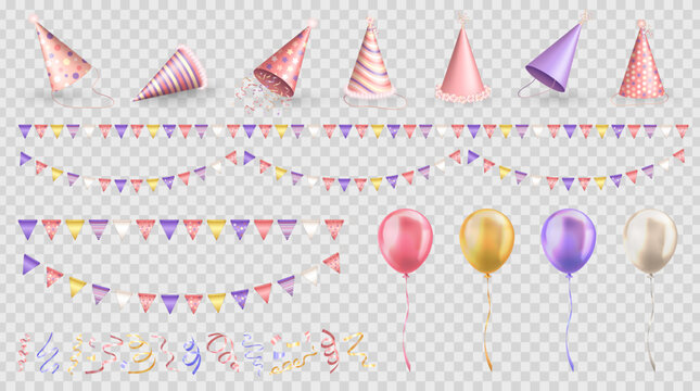 Set of 3d realistic party celebration elements - pastel colorful party hats, carnival pennants or buntings, glossy balloons and multicolored streamers or ribbon serpentine on transparent background