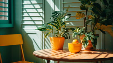 potted plants on a table in front of a window