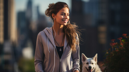 Woman in city with dog, Bose headset, casual attire, contemplative walk, generative AI