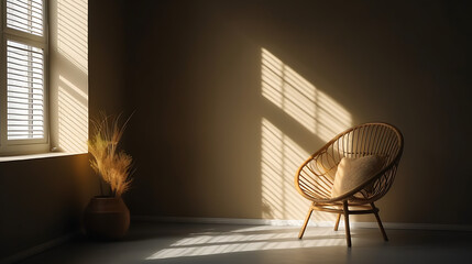 a bright room with a rattan chair and a window