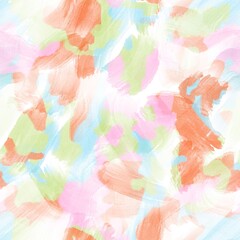 Seamless abstract textured pattern. Simple background in blue, orange,  green, pink, white. Digital brush strokes background. Design for textile fabrics, wrapping paper, background, wallpaper, cover.
