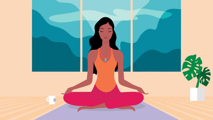 Minimal illustration of a young woman practicing meditation at a modern yoga studio.