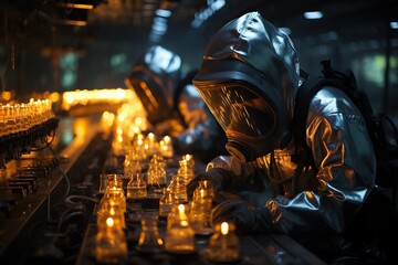 A person in a futuristic suit inspects glowing objects on a conveyor belt