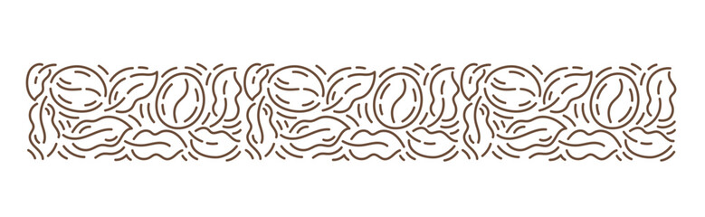 Coffee beans and leaves horizontal background. Plant pattern. Floral ornament. Editable outline stroke. Vector line.