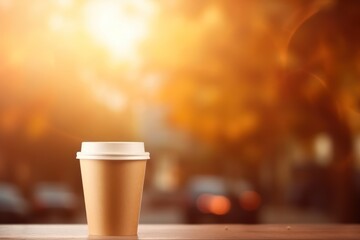  a cup of coffee sitting on a table in front of a blurry background of a street with cars and a...