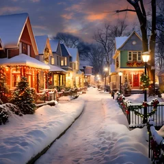 Fototapeten Winter street with houses and christmas decorations. Blurred image. © Iman