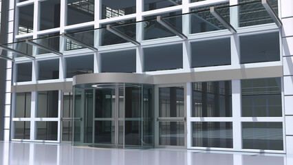 Entrance mall revolving door and glass storefront. 3d illustration