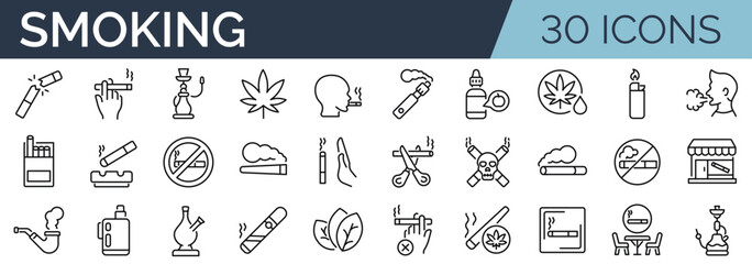 Set of 30 outline icons related to smoking. Linear icon collection. Editable stroke. Vector illustration © SkyLine