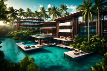 An upscale hotel with modern architecture, surrounded by lush tropical vegetation, blending seamlessly with the azure lagoon in the background.