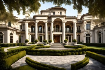 Obraz premium A luxurious estate with a grand entrance and symmetrical landscaping, conveying a sense of opulence and prestige.
