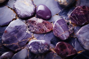  a pile of purple rocks sitting on top of a rock covered in lots of different types of purple rocks and stones on top of each one another purple and white rock. - Powered by Adobe
