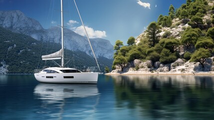 A 3d image shows a yacht in still blue water against the backdrop of trees and hills.