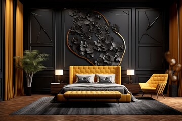 Luxurious bedroom with a 3D intricate pattern in bright yellow and black on the bedside lamp shades, complementing dark wall paneling