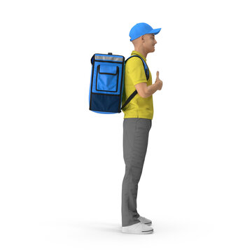 Full body delivery guy employee workwear work as dealer courier isolated on white, Courier/Food delivery man with a large backpack, Online delivery concept for mockup and Advertising. 3D PNG