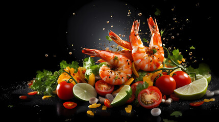 Fresh grilled shrimp with vegetables in salad with ingredients and spices hot ready to serve and eat food advertisement menu with copy space area - Generated by Generative AI 