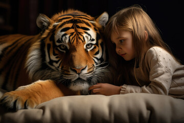 Girl having tiger as pet. Ai generative art