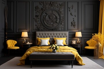 Luxurious bedroom with a 3D intricate pattern in bright yellow and black on the bedside lamp shades, complementing dark wall paneling