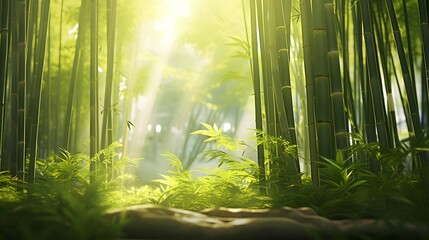 Bamboo forest with sunlight in the morning. Panoramic image