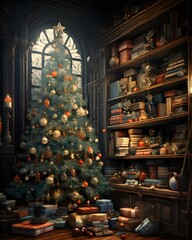 Christmas tree in the interior of the old library. 3d render