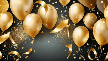 confetti and luxury gold balloon birthday celebration border - obrazy, fototapety, plakaty