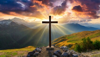 jesus christ cross easter resurrection concept christian cross on a background with dramatic lighting colorful mountain sunset dark clouds and sky and sunbeams generative ai - obrazy, fototapety, plakaty