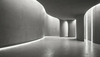 abstract empty modern concrete room with indirect lighting from left with row of bend walls and rough floor industrial interior background template