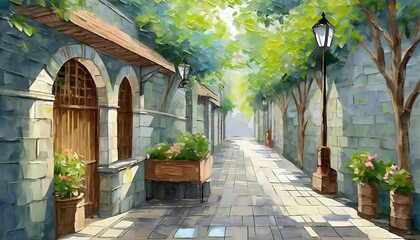 peaceful alley and vending water day digital painting - obrazy, fototapety, plakaty