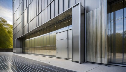 close up of modern architecture in an industrial or office building with a metal wall glass door and a hi tech geometric steel structure featuring rectangles and parallel lines - obrazy, fototapety, plakaty