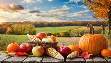 thanksgiving with pumpkins apples and corncobs on wooden table with field trees and sky in background