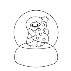 Snow globe with cute Jesus Christ with Christmas tree in black and white