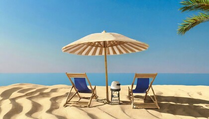 Fototapeta na wymiar beach umbrella with chairs on the sand summer vacation concept 3d rendering