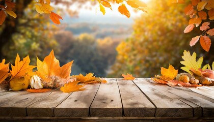 Naklejka na ściany i meble wooden table with orange fall leaves autumn natural background