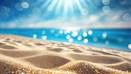 sand with blue sea beach summer defocused background with glittering of sunlights